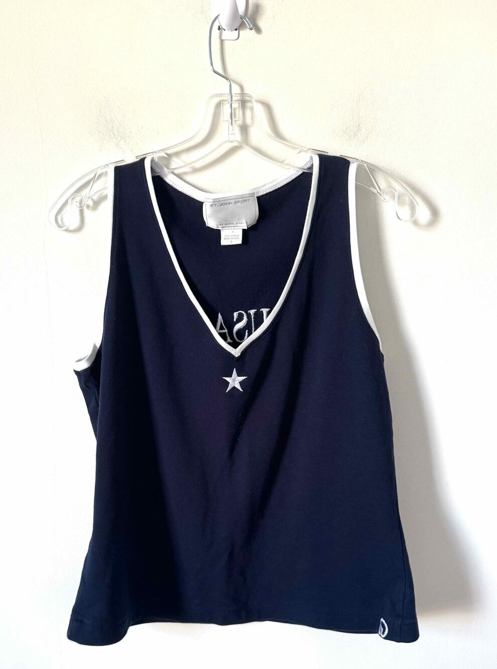 St. John Sport USA Embroidered Vintage Tank Top Navy Blue White Size Large